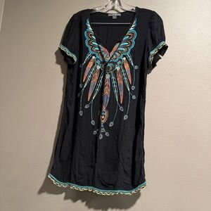 Black Mini 100% Rayon Dress with Colorful Embroidery Size Small